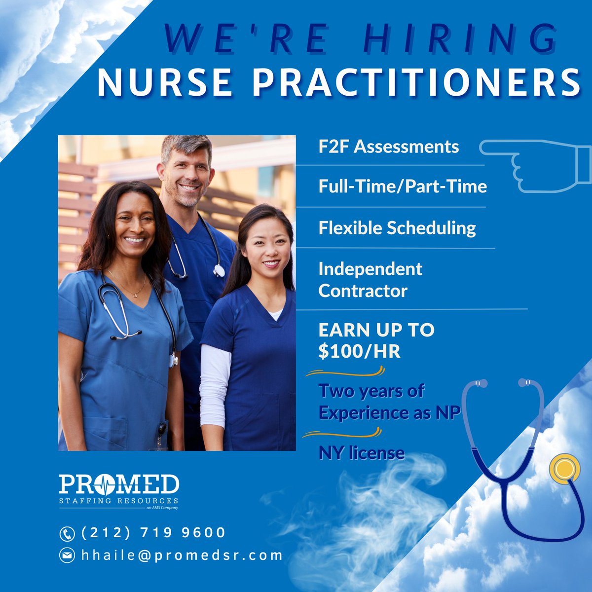#hiring for #fulltime and #parttime 1099 positions! Apply today by sending your resume to hhaile@promedsr.com.
 
#nursepractitioner #maximus #promedsr #nursepractitionerjobs #nursepractitionersinyc #newyorknursepractitioners #practitionerorder #newyorkjobs