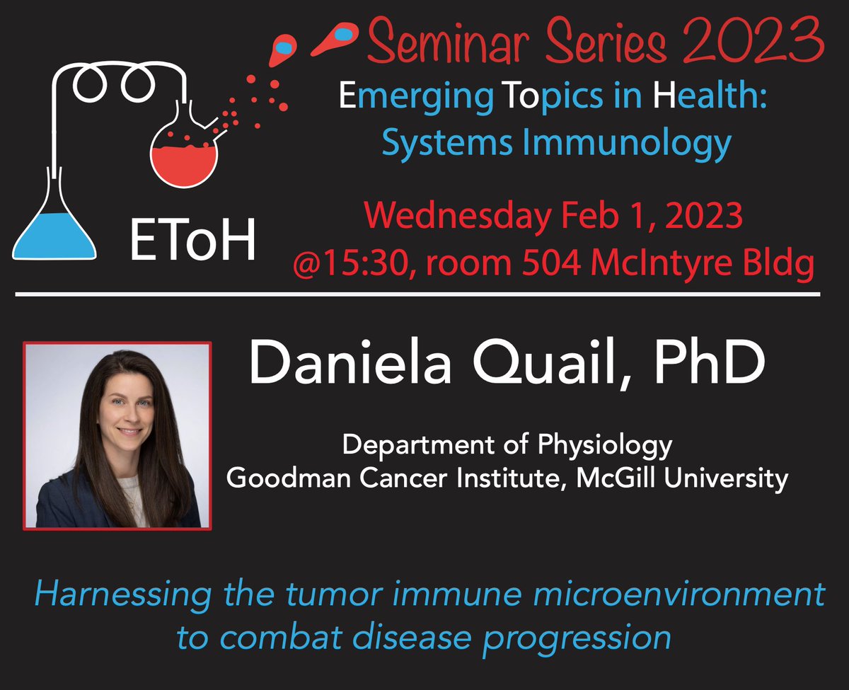 McGill School of Biomedical Sciences (@mcgillsbms) on Twitter photo 📣 Next Wednesday, February 1, 2023, at 3:30 PM, our very own @DanielaQuail, PhD, Assistant Professor at <a href="/McGillPhysioloG/">McGill Physiology</a> and <a href="/McGillGCI/">Rosalind & Morris Goodman Cancer Institute</a>, will be giving a talk as part of the Emerging Topics of Health (EToH) seminar series.
Full details here 👉 mcgill.ca/sbms/etoh-3 📣 Next Wednesday, February 1, 2023, at 3:30 PM, our very own @DanielaQuail, PhD, Assistant Professor at <a href="/McGillPhysioloG/">McGill Physiology</a> and <a href="/McGillGCI/">Rosalind & Morris Goodman Cancer Institute</a>, will be giving a talk as part of the Emerging Topics of Health (EToH) seminar series.
Full details here 👉 mcgill.ca/sbms/etoh-3