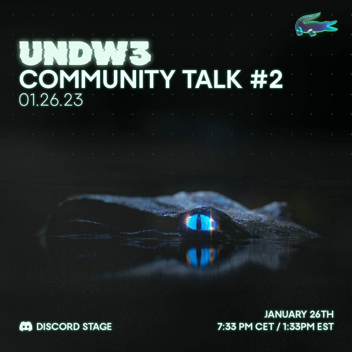 Lacoste's tweet image. 𝐶𝑟𝑜𝑐𝑜𝑑𝑖𝑙𝑒𝑠 𝑎𝑟𝑒 𝑦𝑜𝑢 𝑓𝑟𝑒𝑒 𝑡𝑜𝑑𝑎𝑦?

Perfect, we say see you at 7:33 pm French time on Discord.😎 discord.gg/undw3. 

We will discuss the past, present &amp;amp; future roadmap of #UNDW3. See you later, and don&apos;t forget to inform the rest of the crew.💚