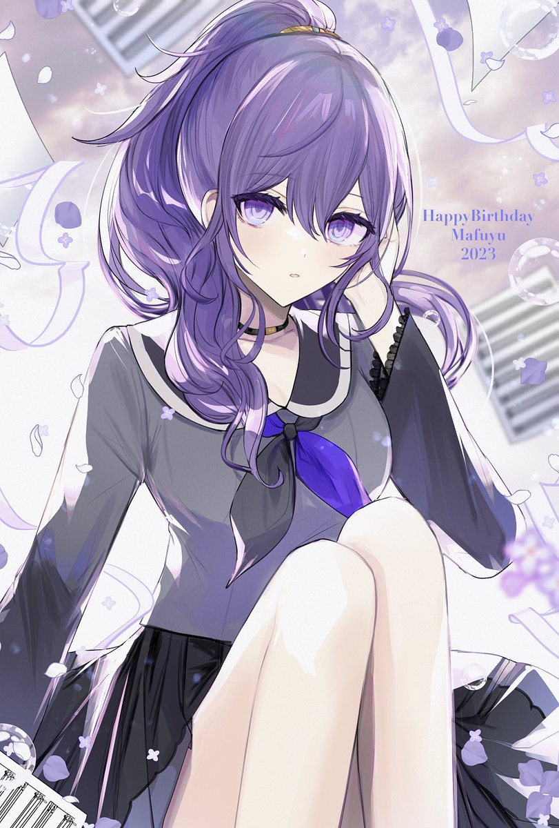 1girl solo purple hair high ponytail skirt school uniform purple eyes  illustration images