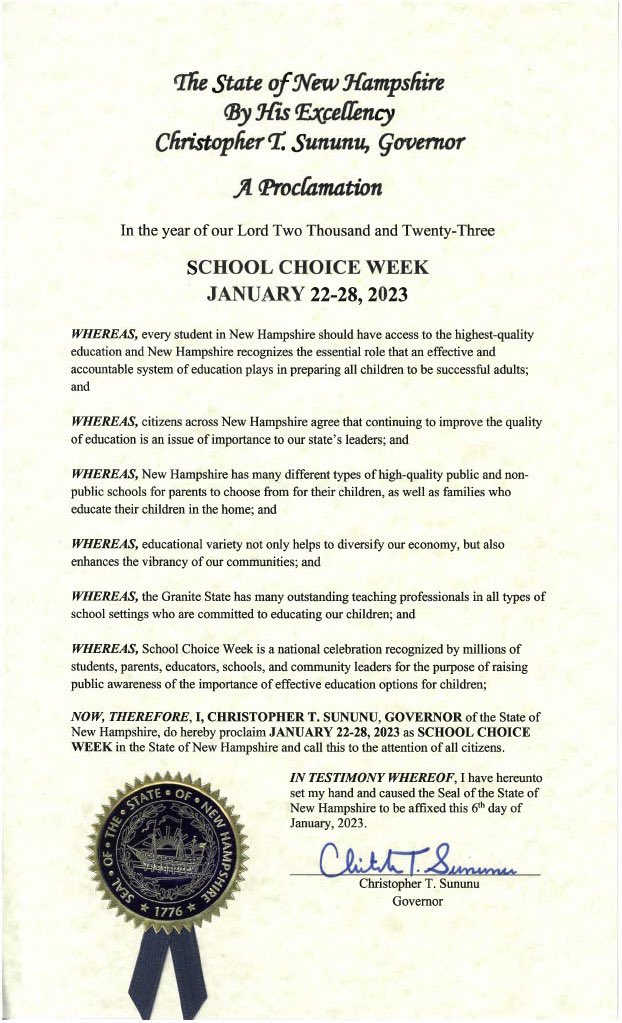 Here in NH we've made real school choice a reality with historic expansions, providing students &amp; families the opportunity to receive a quality education that meets their needs. 

Proud to have proclaimed #NationalSchoolChoiceWeek here in the Granite State. STUDENTS OVER SYSTEMS!