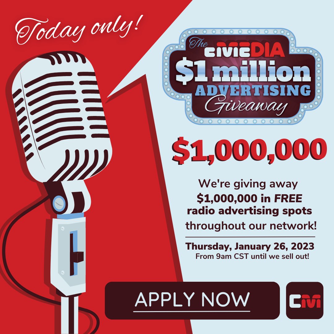 CivicMediaUS's tweet photo. It’s here! Today, Civic Media is giving away $1,000,000 in FREE radio advertising spots throughout our network! https://t.co/IxKBkeVg77 (1/2) https://t.co/DCoxAMxASE