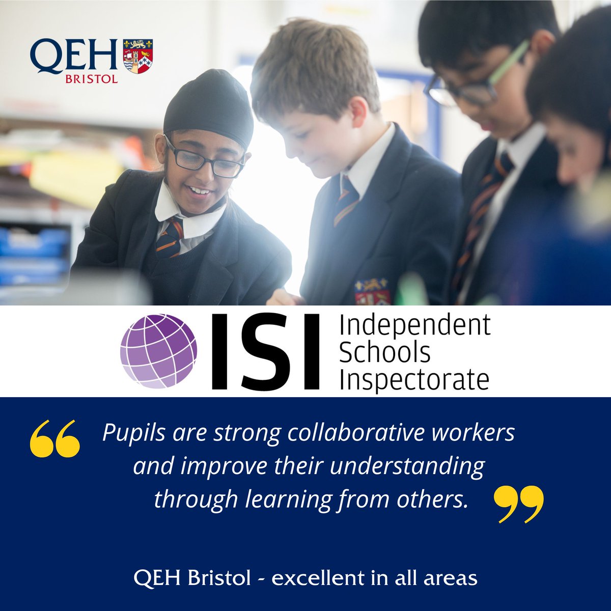 QEHSchool's tweet photo. We are delighted to share the outcome of our recent Independent School Inspectorate (ISI) inspection.
QEH achieved the high mark of 'Excellent' in all areas. Please follow the link for more information. https://t.co/L3OGmGonv1
#QEHCommunity #QEHCharacter #IndependentSchools https://t.co/HbMH5N2IsW