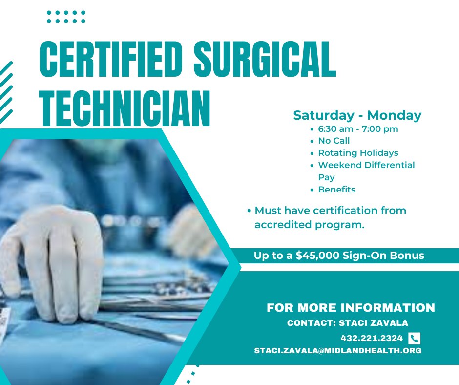 MidlandHealthHR's tweet photo. Full Time 0630 - 1500, Mon- Fri w/call
Bonus -Up to $45k. Must have a minimum of 2 yrs experience.  Bonus is ONLY applicable to new hires. 
#cst #surgicaltechnologist #careers #recruiting #teamwork #midlandmemorial #midlandhealth https://t.co/LXGXuiJnUS