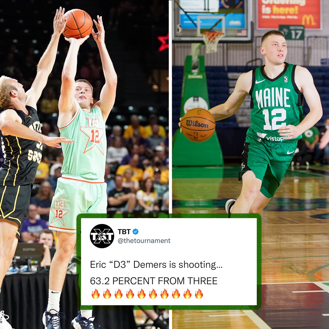 Eric “D3” Demers is shooting…

🔥🔥63.2% FROM THREE🔥🔥

The former D3 guard dropped a career high 20 points yesterday for the <a href="/MaineCeltics/">Maine Celtics</a> (6/9 from three)! 

He leads the ENTIRE <a href="/nbagleague/">NBA G League</a> in 3PT% 😱

(Demers played with <a href="/WeAreD3TBT/">We Are D3 TBT</a> last summer in TBT)
