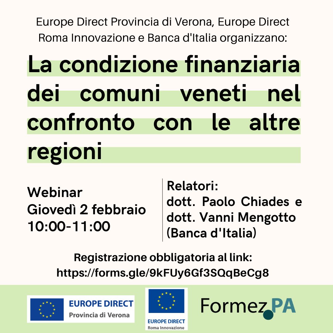 Giovedì 2 febbraio, si terrà l'evento su "La condizione finanziaria dei comuni veneti nel confronto con le altre regioni." Organizzato in collaborazione con @EdicRMInnov e Banca d'Italia, al link per tutte le info: eventipa.formez.it/node/394241