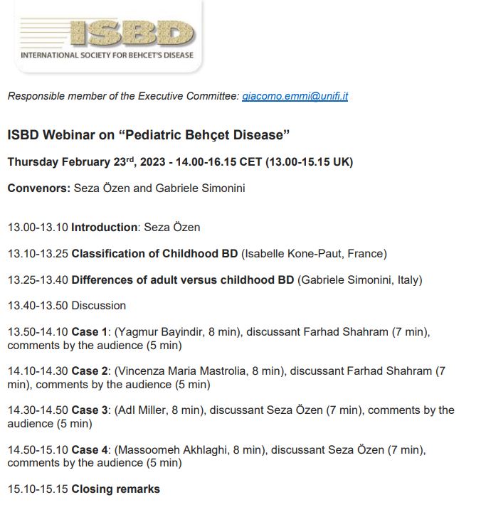 SocietyBehcet's tweet photo. Next #webinar at februari 23rdfor #Behcet's disease involves #childhoodv disease. See the #ISBD website (https://t.co/aIriu7k9PA) for details. https://t.co/1vHlvsFzUz