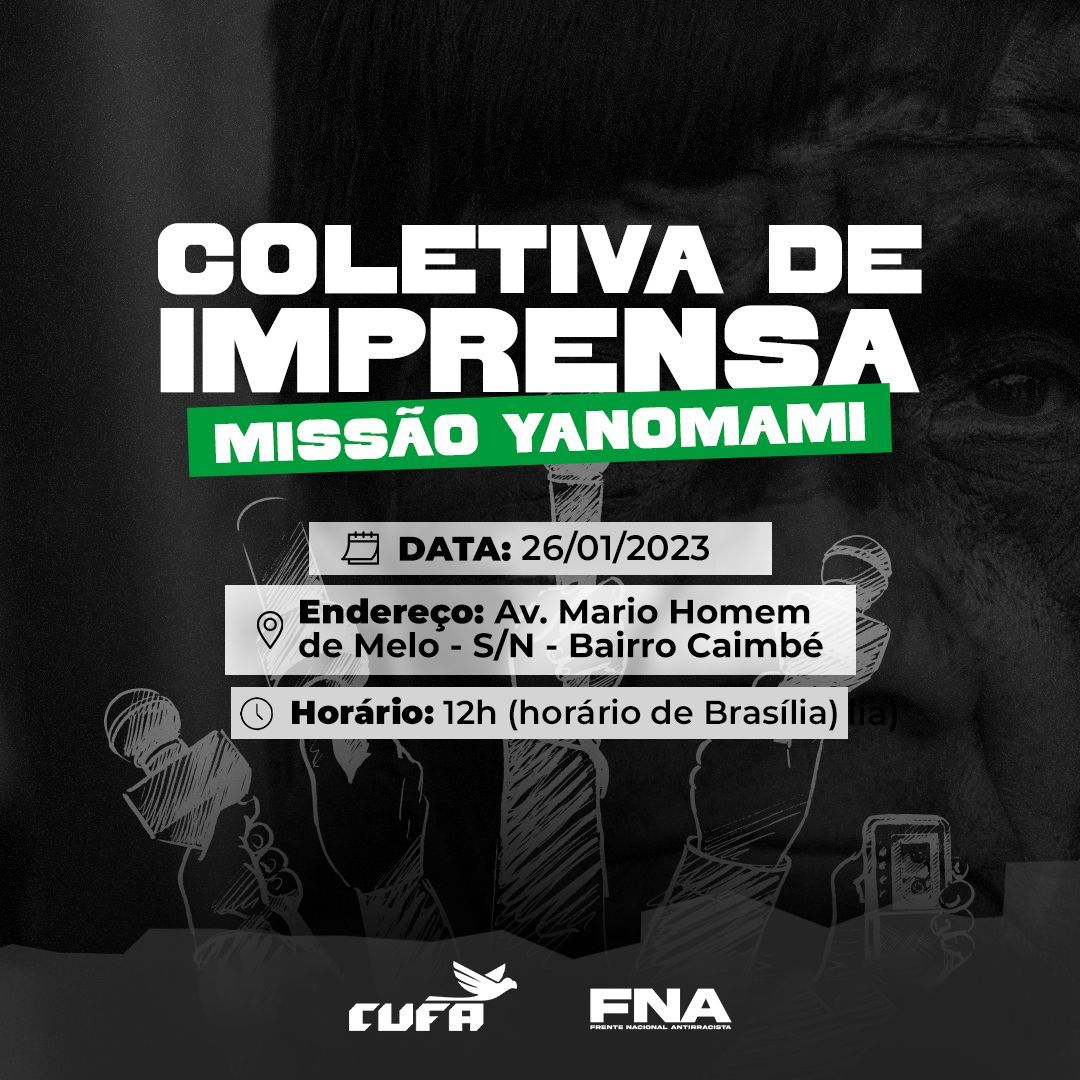 Está acontecendo agora a coletiva de imprensa com as nossas lideranças da CUFA e da <a href="/FNAntirracista/">Frente Nacional Antirracista</a>, que vão anunciar o diagnóstico e ações, em Roraima, para a crise humanitária do povo Yanomami, depois de conversar com as lideranças e autoridades locais.