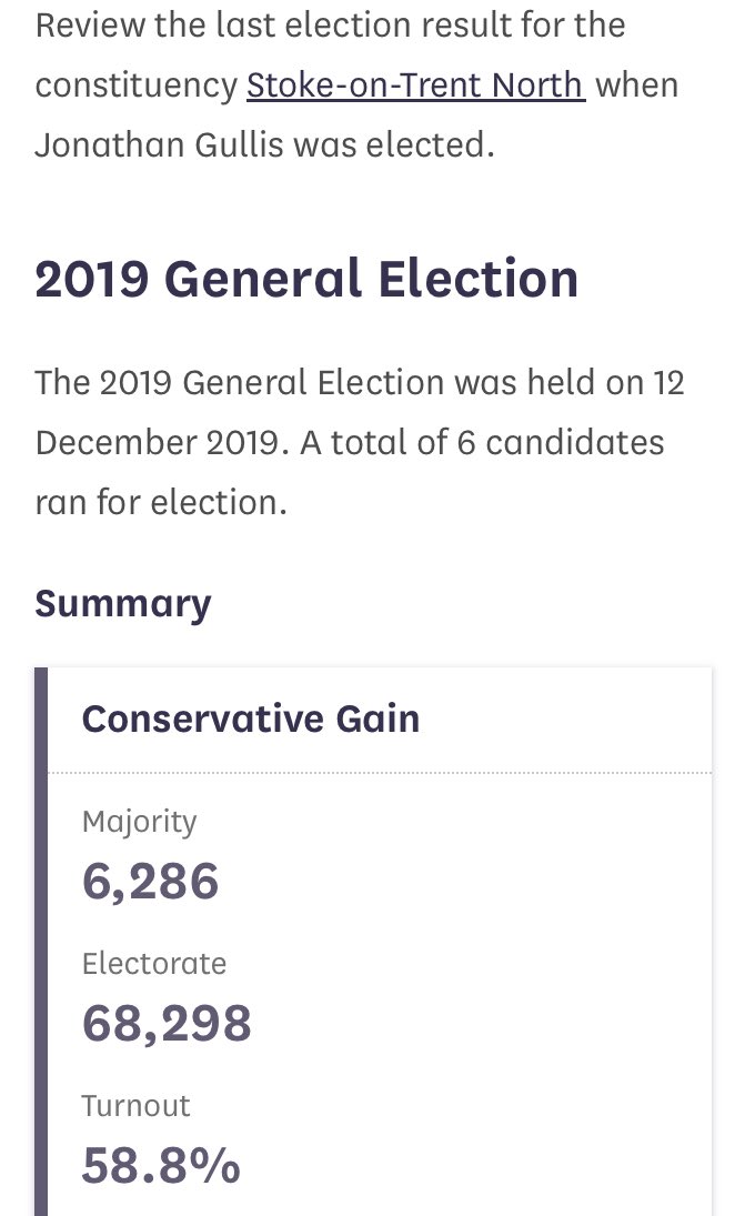 Jonathan Gullis has a timid majority of only 6,286. Stoke on Trent North, it’s your duty to absolutely humiliate the bastard at the next General Election.