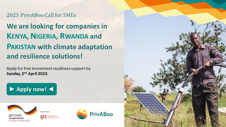 Adapt_Community's tweet photo. Is your #SME from Kenya, Nigeria, Rwanda or Pakistan? @giz_gmbh’s Private Adaptation Investment Bootcamp #PrivABoo on behalf of @BMZ_Bund provides #investmentreadiness support to SMEs with #adaptation & #resilience solutions
➡Apply: https://t.co/2Jlu6D32Gn
⏰Deadline: 2 April https://t.co/6iwGb8ezvR
