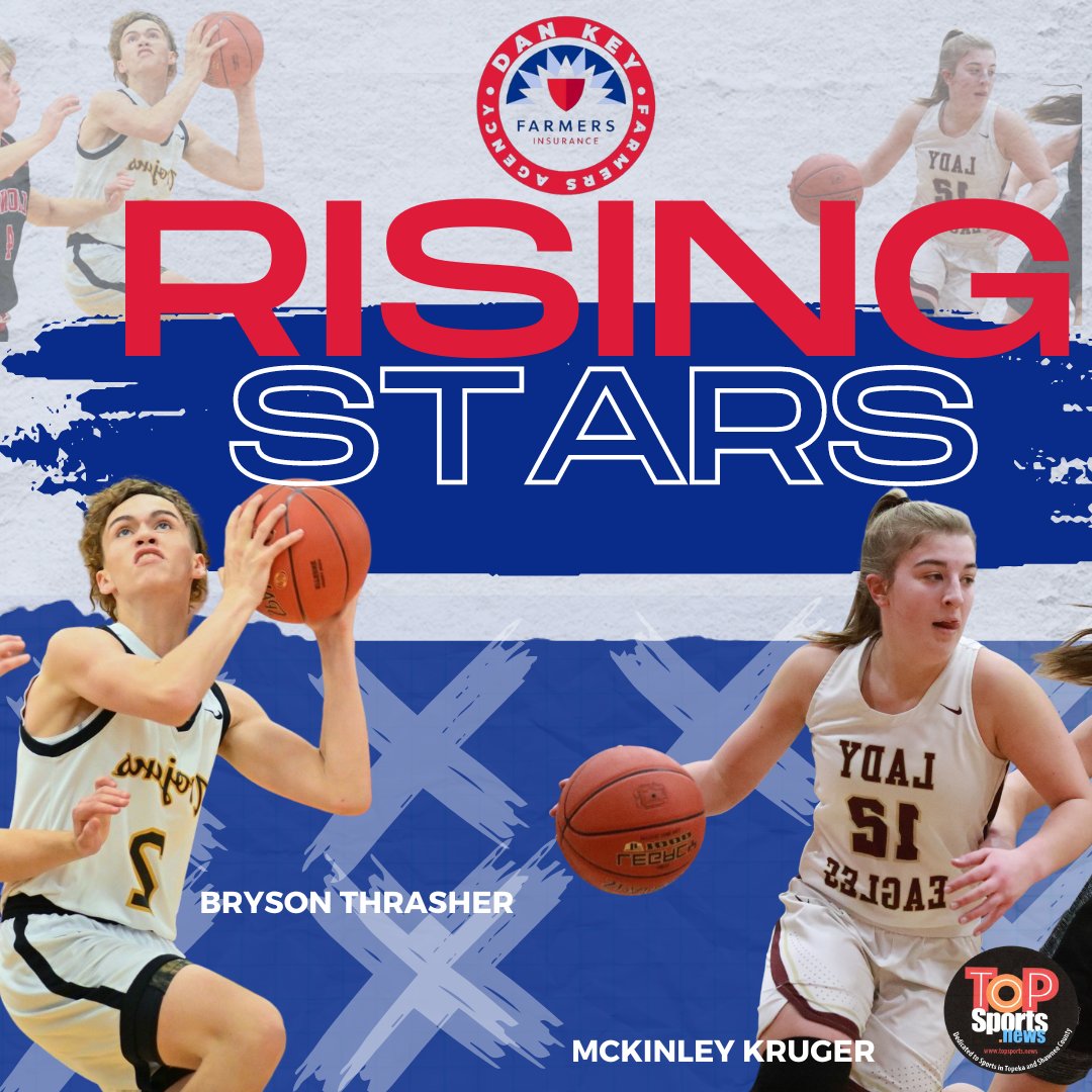 ⭐ RISING STARS ⭐ 

The Dan Key Farmers Agency would like to announce this week's Male and Female Rising Stars! Topeka High School's Bryson Thrasher and McKinley Kruger from Silver Lake High School have been selected as this week's Rising Stars!