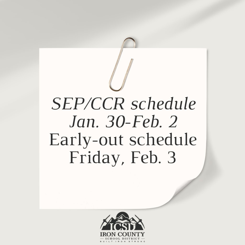 Reminder that SEP/CCR Week is Jan. 30-Feb. 3. The release time Monday through Thursday for elementary schools will be 2:30 p.m. Check the bell schedule for secondary schools for release time.  Also, to clarify, Friday will follow the normal early-out schedule in all schools.