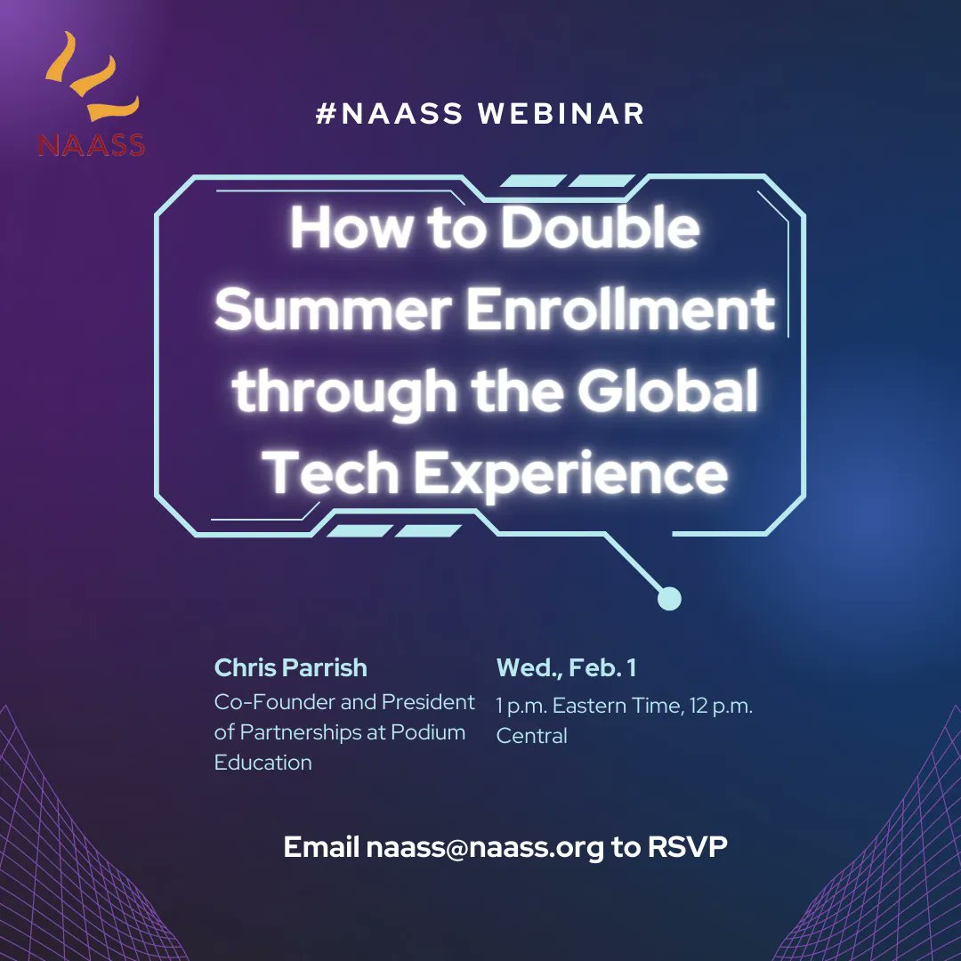 NAASSorg's tweet photo. #NAASS Webinar Update!

We will be joined by @HelloPodium Co-Founder and President of Partnerships @c_parrish8 who will present on How to Double Summer Enrollment Through The Global Tech Experience. 

Webiar scheduled for Wed., Feb. 1 at 1 p.m. Eastern, 12 p.m. Central https://t.co/pFCwfx7NFl