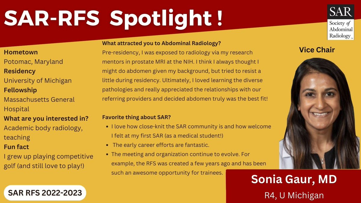 SAR_RFS's tweet photo. Hi all #futureRadRes #Trainees, We are very excited to introduce the SAR RFS Executive Committee Member 2022-23 Spotlights! 
Today, we feature Dr. Sonia Gaur (SAR RFS Vice Chair). https://t.co/LfC0NicLXP