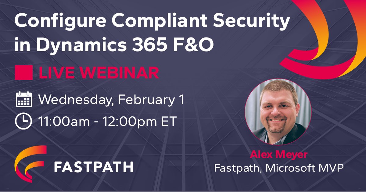 Join us next week as Microsoft MVP Alex Meyer takes the webinar stage! He will be covering the 6️⃣ areas of control monitoring, how they are addressed in D365FO, and common D365 security issues users may see.

Register ➡ hubs.ly/Q01zkBmg0 

#MSDynComm | #MSDyn365FO