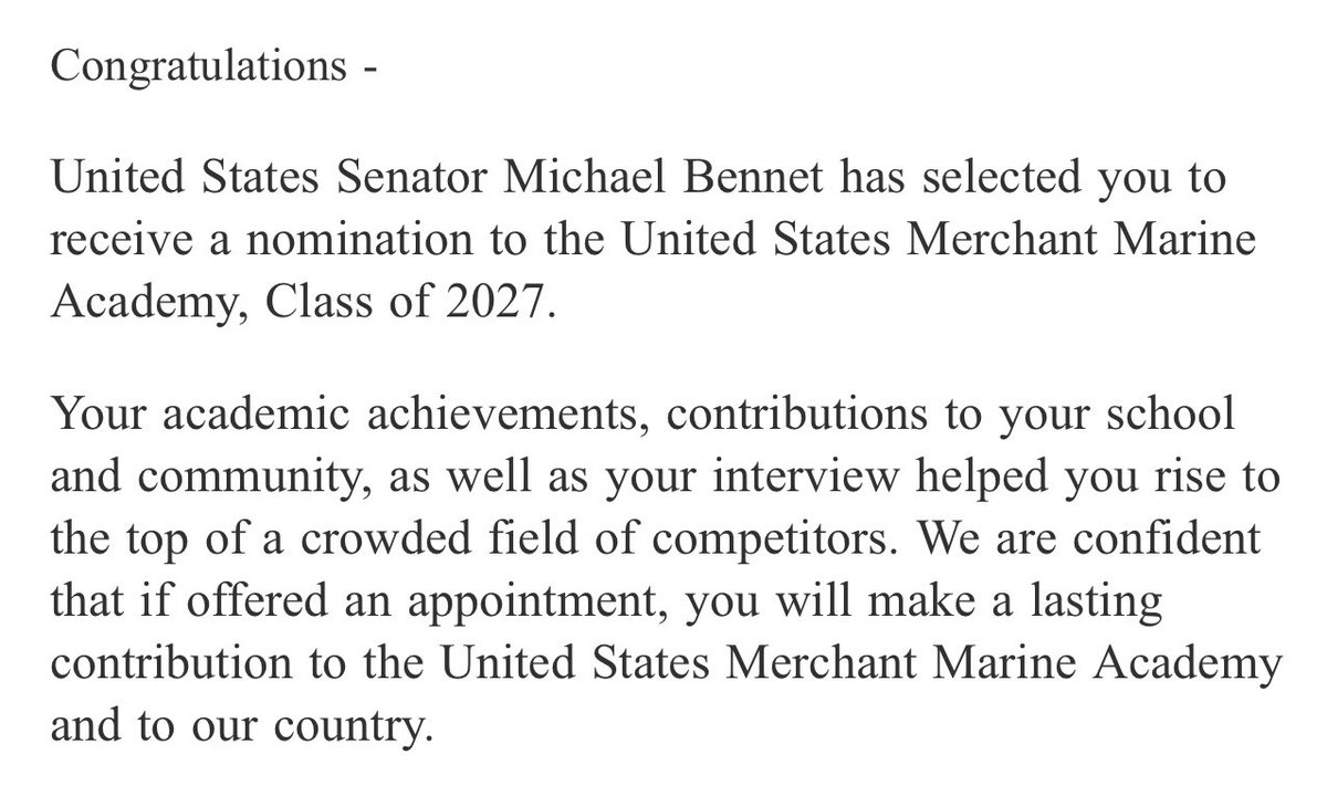 Honored to accept a service academy nomination from <a href="/SenatorBennet/">Michael Bennet</a> to the United States Merchant Marine Academy. <a href="/USMMAFootball/">USMMA Football</a> <a href="/CoachKikel/">James Kikel</a> <a href="/Scala39/">Lou Scala</a>