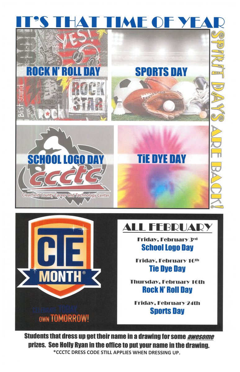 Mark your calendar for SPIRIT DAYS in February as we celebrate nationally recognized #CTEMonth! #learnatrade #ccctc #ctemonth #cte