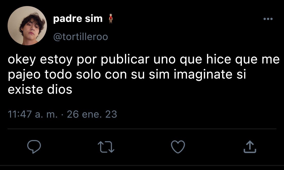 lvscnery's tweet photo. un au #taekook donde…

taehyung es conocido en twt por crear personajes en sims, con la fantasía de encontrar a alguien que se parezca y tener sexo con esa persona. Hasta que al fin consigue un hit tweet junto con el user del chico que estaba buscando 👀 https://t.co/A1VGkbfupY