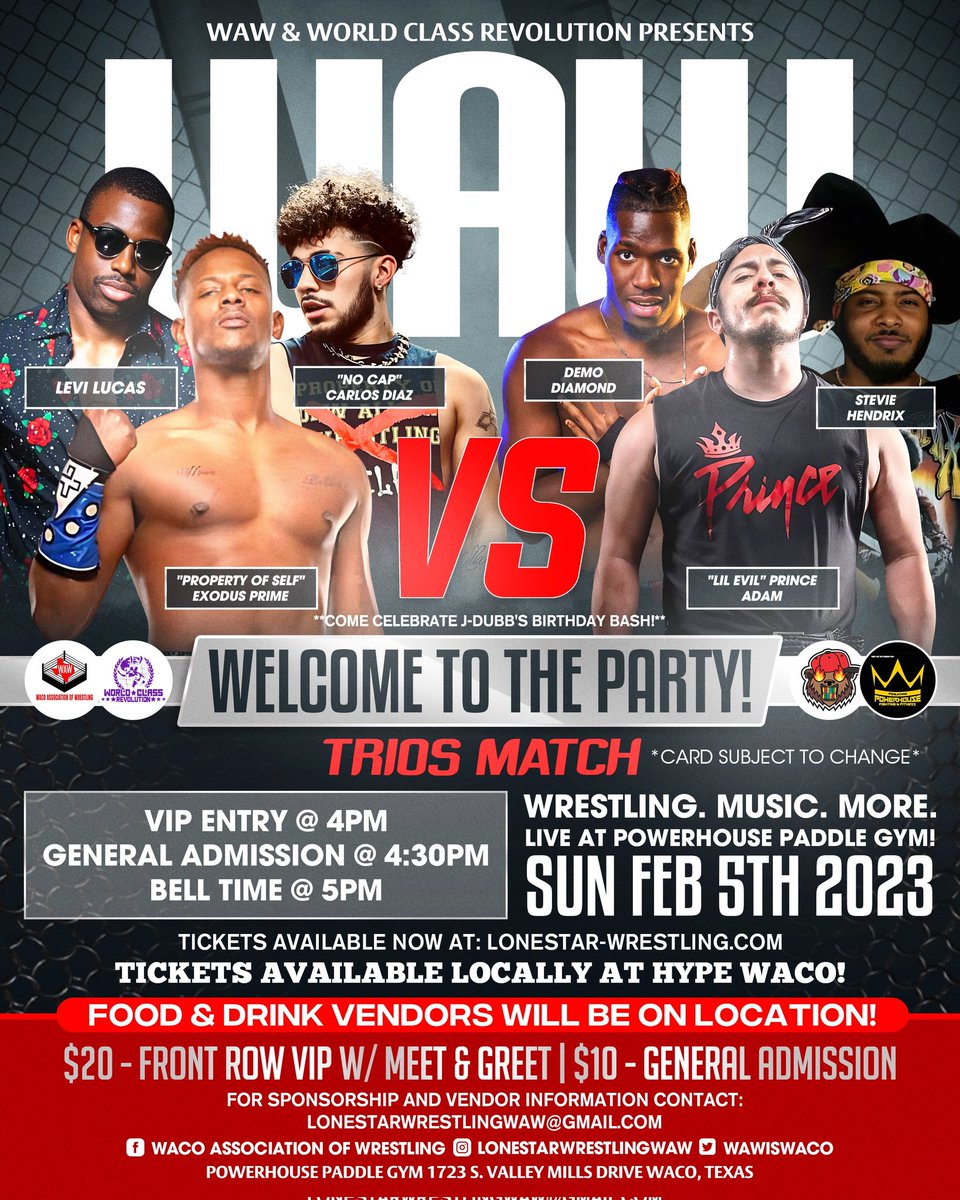 WAWIsWaco's tweet photo. ๐ฅ Trios Match! @the_mass_exodus @The_LeviLucas & Carlos Diaz Vs @chicanokaiju @STEVIEHENDRIX97 @Deemodiamond Feb.05 in Waco! ๐๏ธ https://t.co/9DYjeUCE9O #Waco #Texas #TexasWrestling #IndieWrestling #TriosMatch #SixMan https://t.co/1inNw2wA8S
