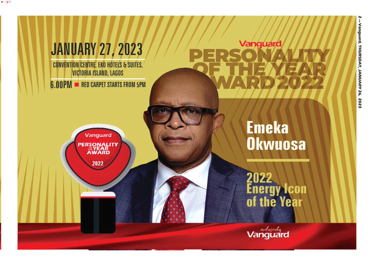Another feather in the cap!
Hearty congratulations to our Chairman Engr.Dr.Emeka Okwuosa, CON on his nomination for the "Energy Icon of the year" award 2022 by Vanguard Newspaper in recognition of his immense contributions and achievements in the entire energy spectrum.