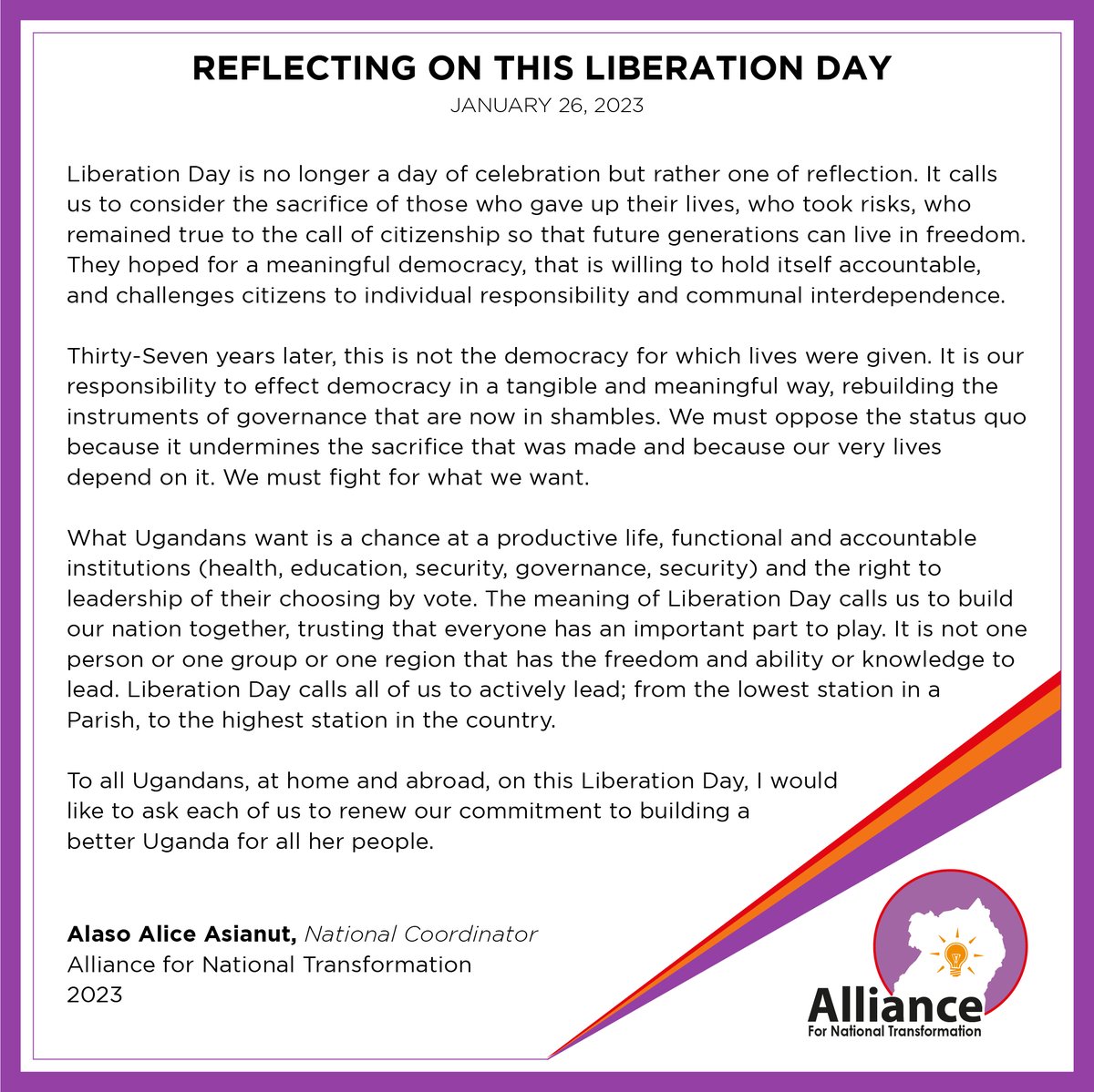TheAllianceUG's tweet photo. A time for reflection. Together, we must change the status quo. #LiberationDayUG #LiberationDay37 #Uganda @mugishamuntu @OfficialAlaso @nbstv @DailyMonitor @AgabNelson @WinnieKiiza @AAgather @EdithSsempala https://t.co/nVFNEDs23l