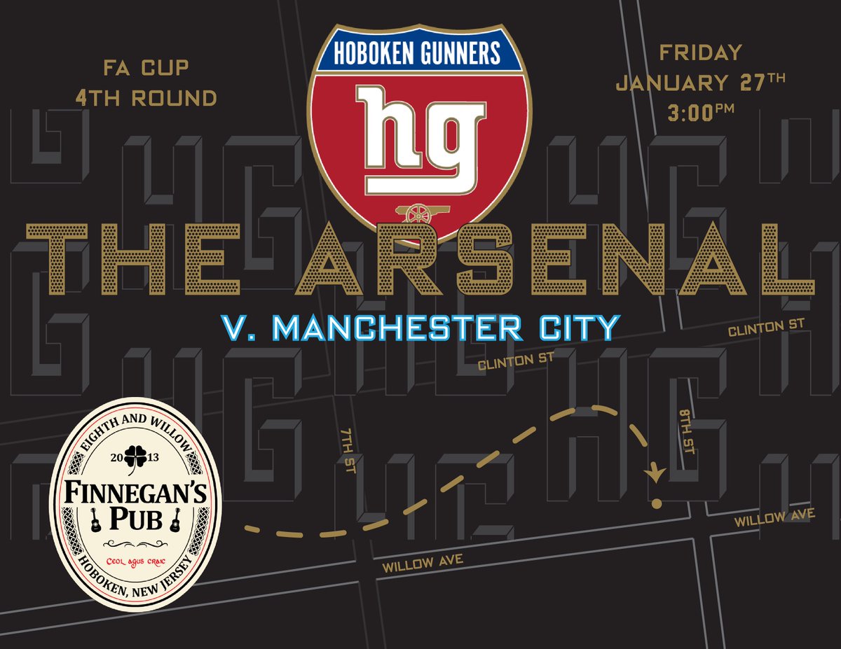 Next up Man City away in the FA Cup <a href="/Finnegans_Pub/">Finnegan's Pub</a> tomorrow 3pm KO 🔴⚪️

<a href="/arsenalamerica/">Arsenal America</a> <a href="/SoccerRep/">The Soccer Republic</a> <a href="/HobokenFC1912/">HobokenFC1912</a> <a href="/CityofHoboken/">City of Hoboken</a> <a href="/EmiratesFACup/">Emirates FA Cup</a>