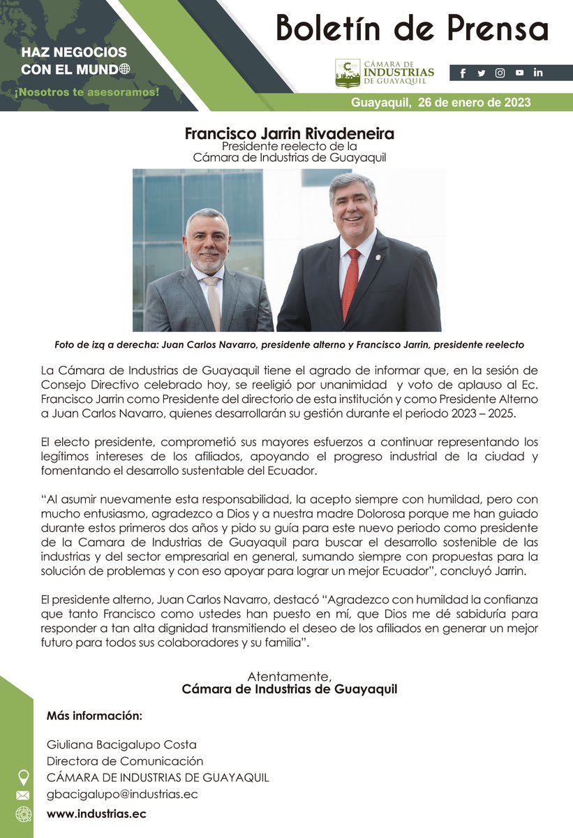 Cexterior's tweet photo. Top story: @Industriasgye: 'Tenemos el agrado de informar que en la sesión de Consejo Directivo de hoy, @jarrinf fue reelecto como nuestro presidente, quien continuará al frente de esta Cámara durante el periodo 2023 - … https://t.co/SnEq2RtzCv, see more https://t.co/EOMUeqERc3