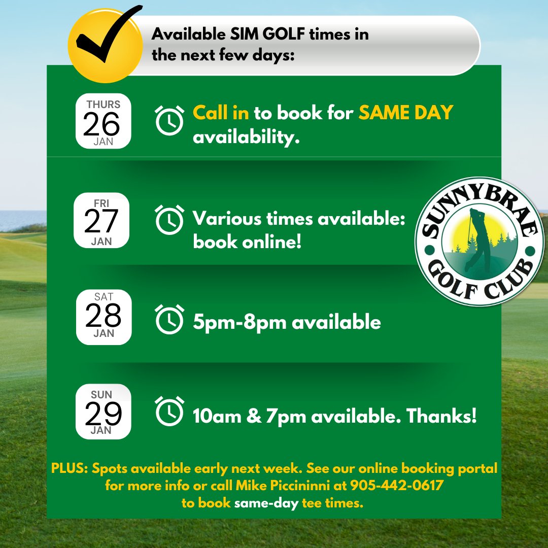 Come golf inside! It's fun &amp; warm!

We have some 1-hour (or more!) slots in the next few days. Book your tee time: ⛳ 
sunnybraegolfclub.com/book-a-golf-si…

Questions? Just give us a call in the ProShop. 905.985.2234 or call Mike Piccininni at 905-442-0617 to book a same-day tee time.