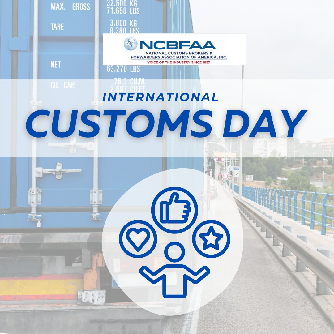 NCBFAA's tweet photo. Celebrating #InternationalCustomsDay & recognizing the hardworking professionals in the industry. Thanks to our members at #NCBFAA for ensuring safe & efficient global trade. Happy International Customs
Day! #CustomsBrokers #GlobalTrade #Forwarder https://t.co/vu85khnNf5