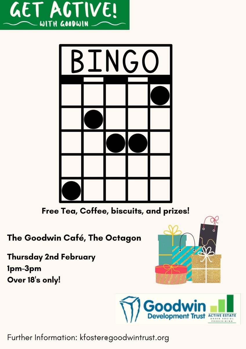 Come and join in a fun afternoon of Bingo and refreshments with @GetActiveWithGoodwin on Thursday 2nd February from 1pm-3pm 
#socialise #activities #communityengagement 
<a href="/GoodwinDevTrust/">Goodwin Dev Trust</a> @hulldoulabfps <a href="/BetterGoodwin/">Goodwin Building Better Opportunities</a>