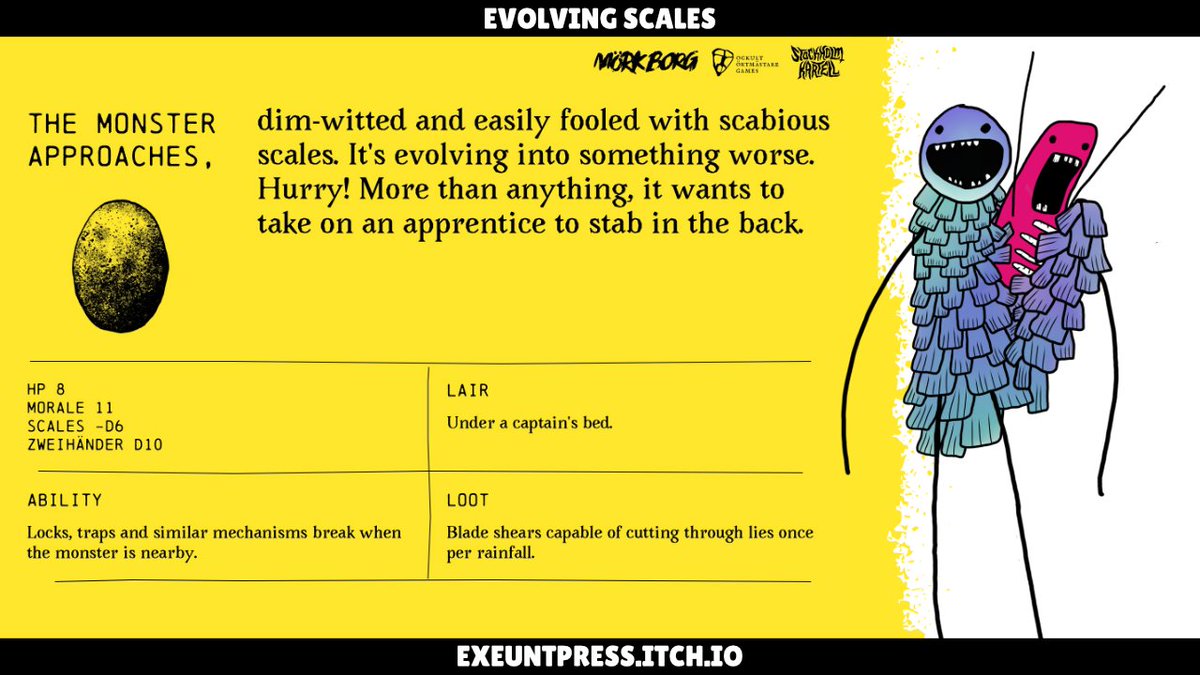 A monster approaches: "dim-witted and easily fooled with scabious scales. It's evolving into something worse. Hurry!" #morkborg #ttrpg