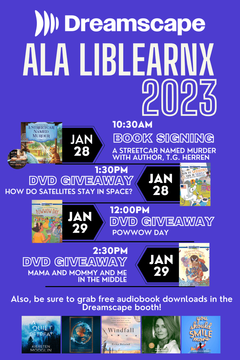 Dreamscapeaudio's tweet photo. #Librarians, will you be at ALA LibLearnX? Join us at Booth 212 for giveaways, an author signing with author T.G. Herren, and much more! Can't wait to see everyone in New Orleans! #ALALLX #ALALibLearnX #ALALLX https://t.co/iz3D1Xfl0M