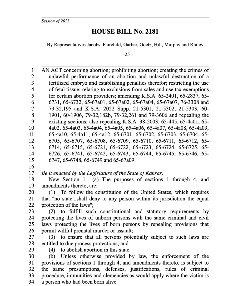 NEW: Kansas lawmakers have introduced a bill that would ban abortion starting at fertilization.

It would likely be struck down by KS courts, and comes less than 6 months after voters overwhelmingly rejected an anti-abortion ballot measure #ksleg 

kslegislature.org/li/b2023_24/me…