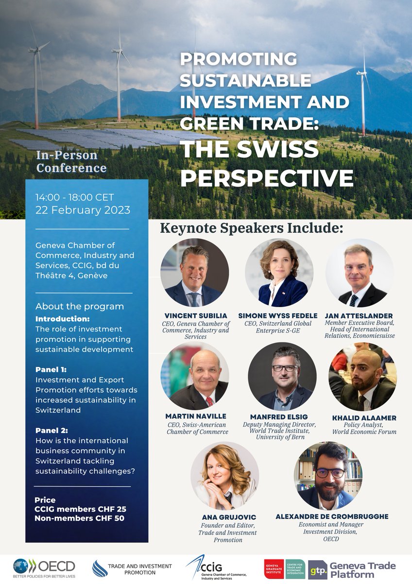 Join us on our first Conference organized together with the <a href="/OECD/">OECD ➡️ Better Policies for Better Lives</a> <a href="/ccig1865/">CCIG1865</a> <a href="/genevatrade_gtp/">Geneva Trade Platform</a> on February 22,2023 in Geneva by registering here: tradeandinvestmentpromotion.com/promoting-sust…