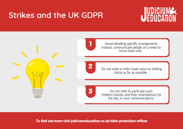 DPOforSchools's tweet photo. Our tips on avoiding #breaching the UK GDPR by disclosing Trade Union membership when communicating #strike contingency measures.  #teacherstrikes  #dataprotection  For more info visit: https://t.co/PQZl9dhSHk https://t.co/h7npTMnwZp