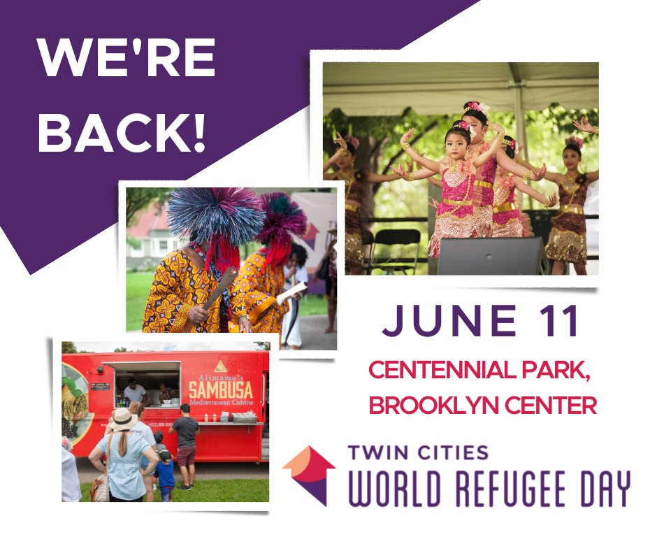 CAPIUSA1982's tweet image. Save the date! Twin Cities World Refugee Day is back with an in-person event! Join us on June 11, 2023, at Centennial Park in Brooklyn Center to celebrate the art, culture, and contributions of our refugee friends and neighbors in Minnesota. Can&apos;t wait to see you there! #TCWRD23