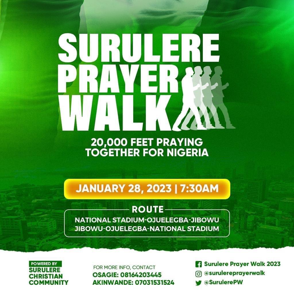 Martinsolusakin's tweet photo. Are you in Surulere or its environs? Join the train of 20,000 people walking and praying for Nigeria 
This Saturday 28th Saturday, 2023
We converge at National Stadium by 7.30am
#WeHavePVC #WePray #WeVote

Join the Telegram Group: https://t.co/akabRut31T
@pfemiolaleye https://t.co/fct2vVG3MG