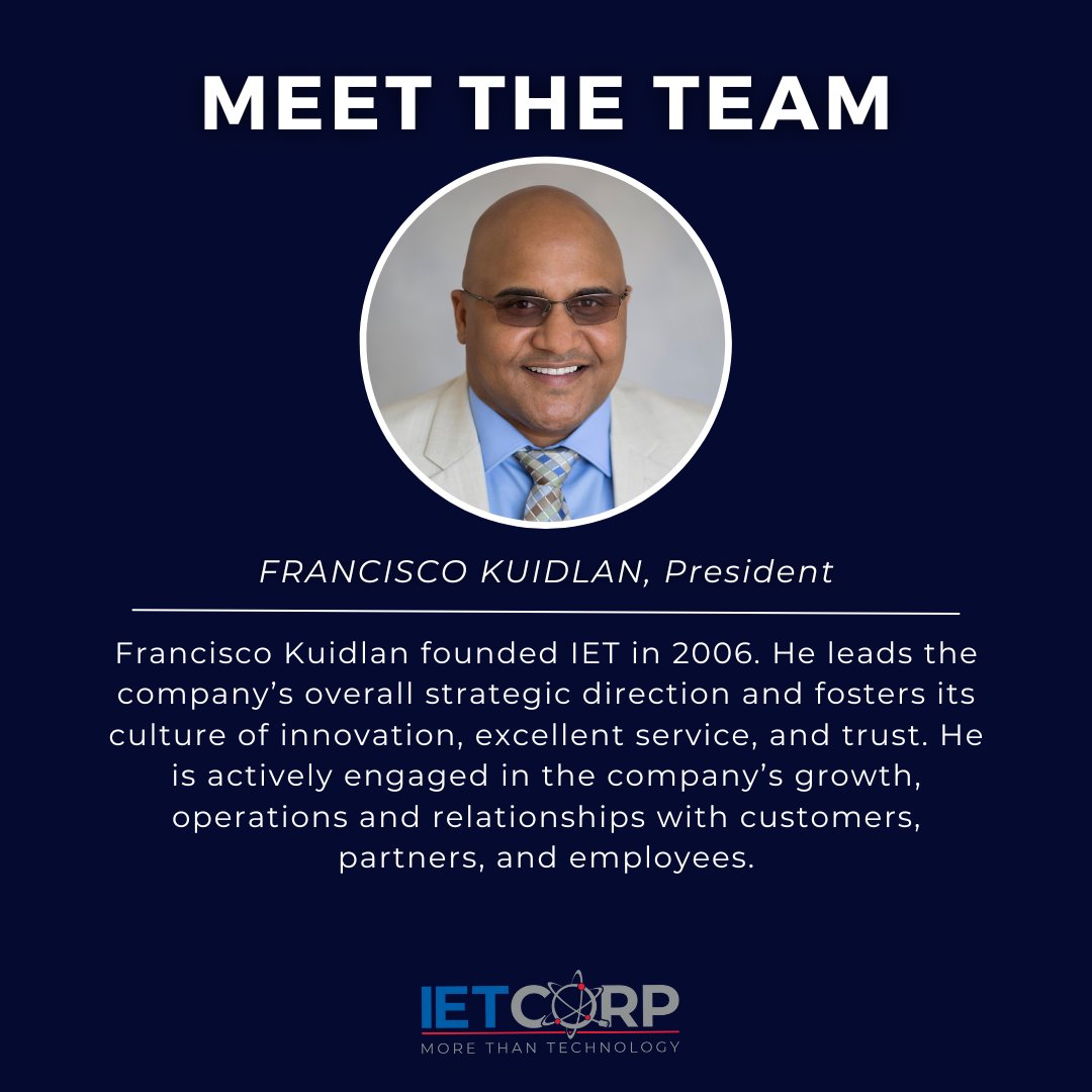 ietcorp's tweet photo. Meet the Team! Francisco Kuidlan, President of IET Corporation. #meettheteam #ietcorporation #president https://t.co/4XjgOVHLPK