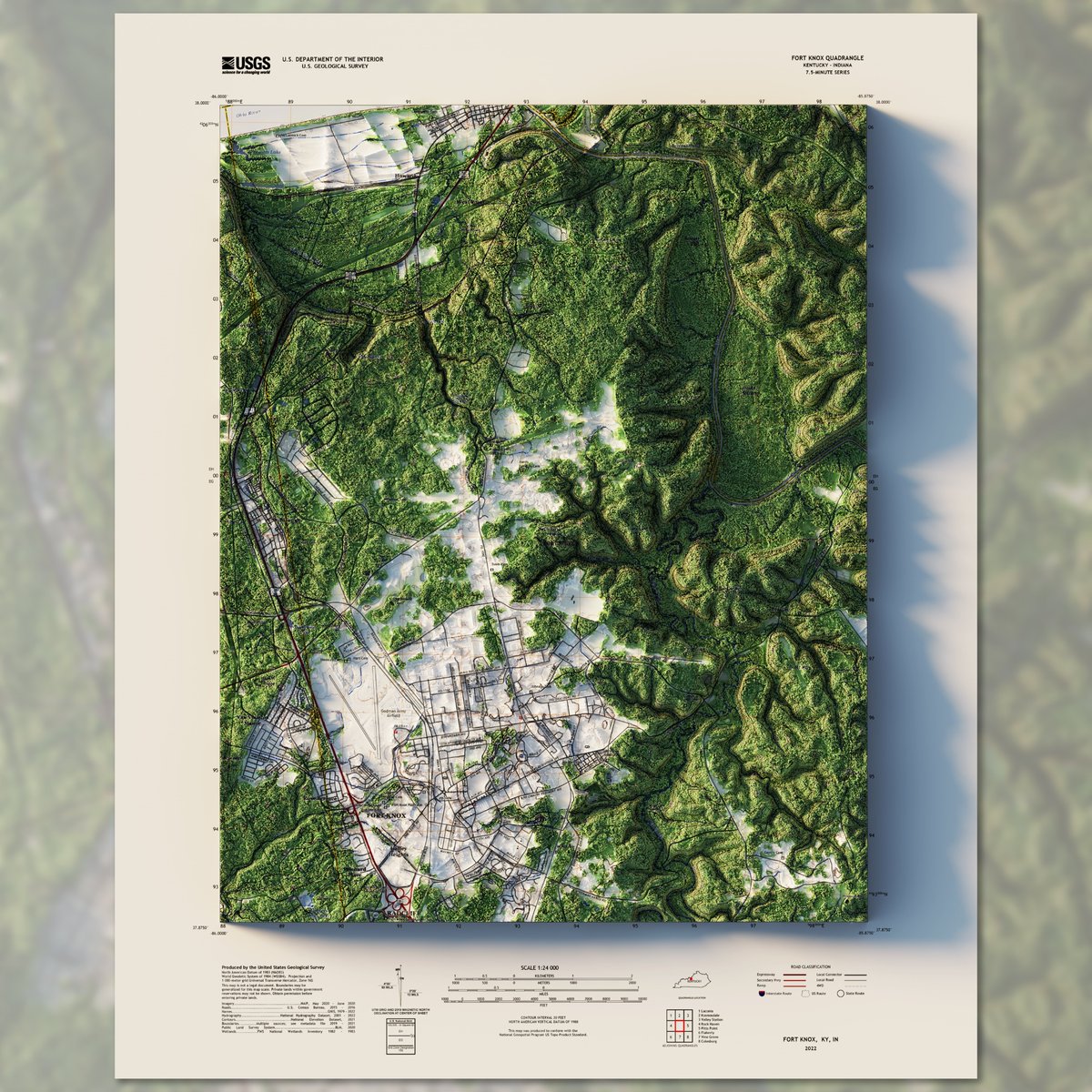 geo_spatialist's tweet photo. Ft. Knox, KY 7.5 minute Quad - USGS - 2022

3D render - full LiDAR return with trees, buildings, power lines, etc.  You can make out the gold vault just below the Gaffey Heights label.

#arcgispro #b3d #lidar #geography #Kentucky #FortKnox #GIS https://t.co/VoNnFfVLod