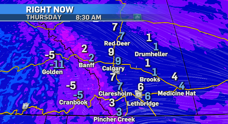 Strong west winds fueled the overnight warm up into this morning. Both winds and temps still hanging around for now. We'll drop throughout the day and this evening - over night snow!