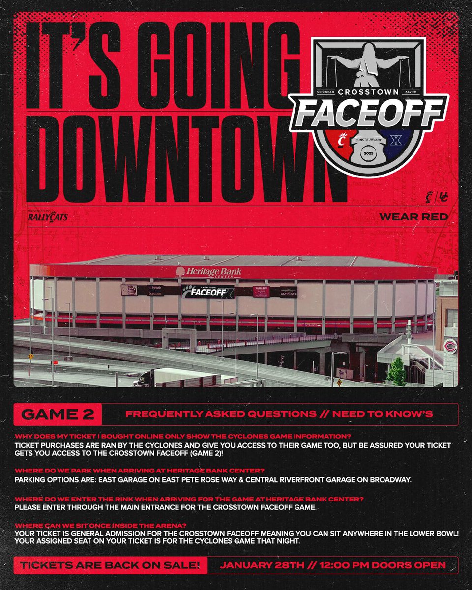 Crosstown Faceoff Game 2 Preview:

🗓️: Saturday, January 28th
📍: Heritage Bank Center
⏰: 1:00 PM (doors open at noon)
🔴: Wear Red

Below is some Need to Know’s and Frequently Asked Questions regarding the game downtown.

#1Team1Mission #RunThisTown

cyclones.spinzo.com/marvel-superhe…