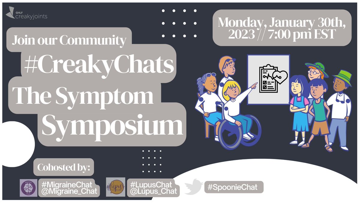 CreakyJoints's tweet photo. ๐ฃ๏ธ Join us on Monday the 30th at 7:00 pm EST for our January #CreakyChats! We'll be joined by our friends and co-hosts from #MigraineChat, #LupusChat, AND #SpoonieChat! You won't want to miss this all-star lineup as we hold a "Symptom Symposium." โฐ Set your reminders today! https://t.co/eBHRSo2tnk