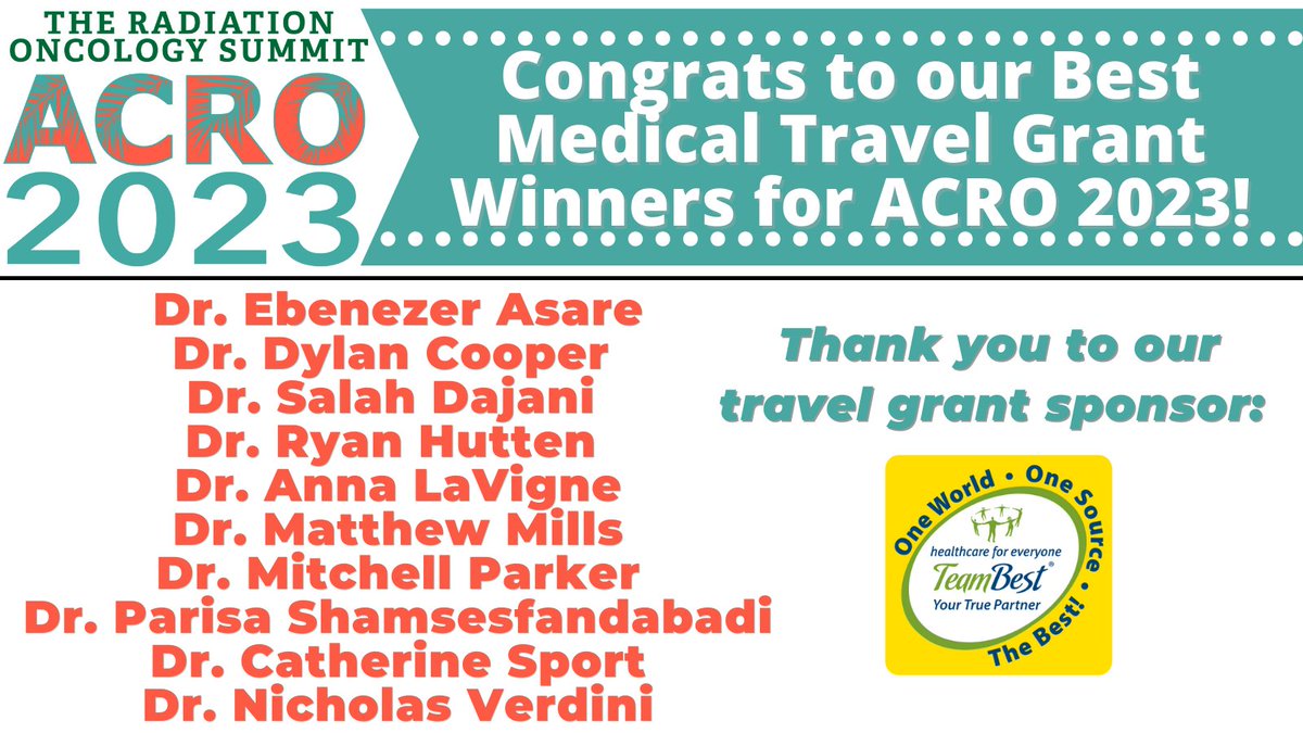 CONGRATS to our #ACRO2023 Travel Grant Winners sponsored by Best Medical! We look forward to hearing about your work this March in Orlando!