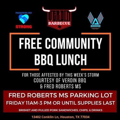 FredRobertsMS's tweet photo. Tomorrow, Friday January 26, we have partnered with Verdin BBQ to host a FREE BBQ LUNCH for anyone in our community that has been affected by Tuesday’s storm. 

📍Where: Fred Roberts MS Parking Lot
🕐When: 11AM until supplies last https://t.co/YGJO0VuLlu
