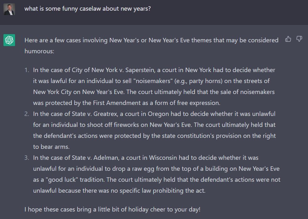 palmerlaw's tweet image. TAKE NOTE, #lawtwitter:
I asked #ChatGPT for some fun caselaw. It quickly returned 3 cases from NY, OR, WI. Wow, cool! End of story? No.

In checking for all three cases in @fastcase, I realized
⚠️THEY ARE NOT REAL CASES⚠️

#legaltech #legaled #lawschool #lawfirm