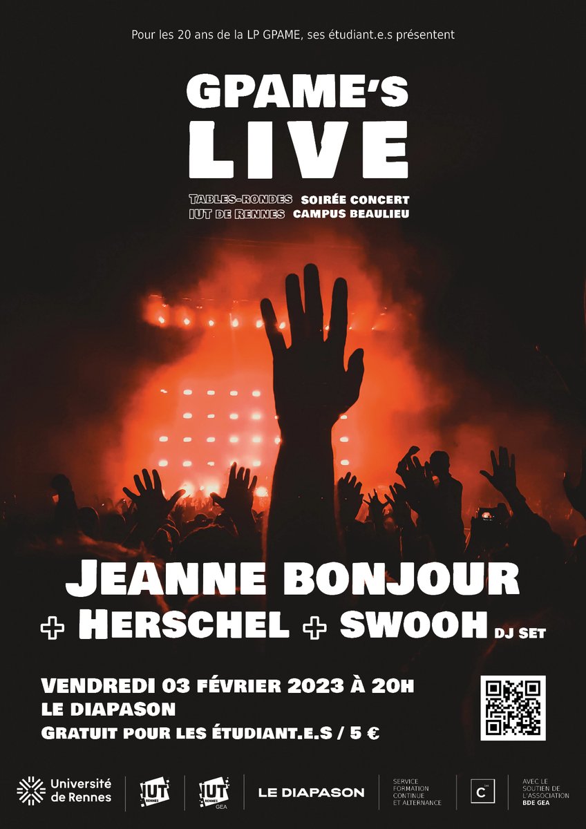 FrancoisH360's tweet photo. GPAME'S LIVE 🎤03/02/2023
Tables-rondes et soirée concert au @DiapasonRennes pour les 20 ans de la LP GPAME. 
➤ @jeannebonjour_ + Herschel + Swooh (Dj set)
➤ Billetterie : https://t.co/3Wa4E3xGV5
➤ RDV à 20h / Gratuit pour les étudiant.e.s
@IUTRennes @RennesUniv @assobug https://t.co/TjQHhEjJiC