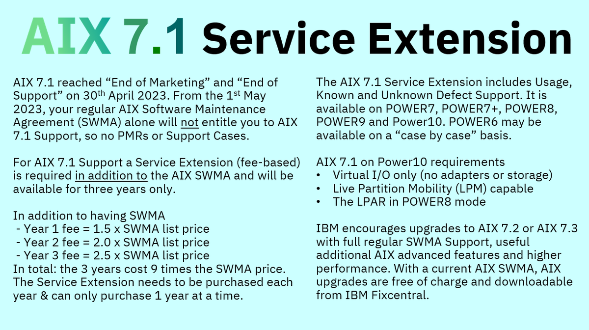 #AIX 7.1 Service Extension is announced. Full marks to <a href="/The_Iron_Monger/">The Iron Monger - Alan Fulton</a> for the link official ibm.com/common/ssi/Sho…
Here is my take on the hidden facts, prices &amp; gotchas!
Errors are my own! Check this with your local IBM rep.
If you don't like the prices UPGRADE NOW. #IBMAIX