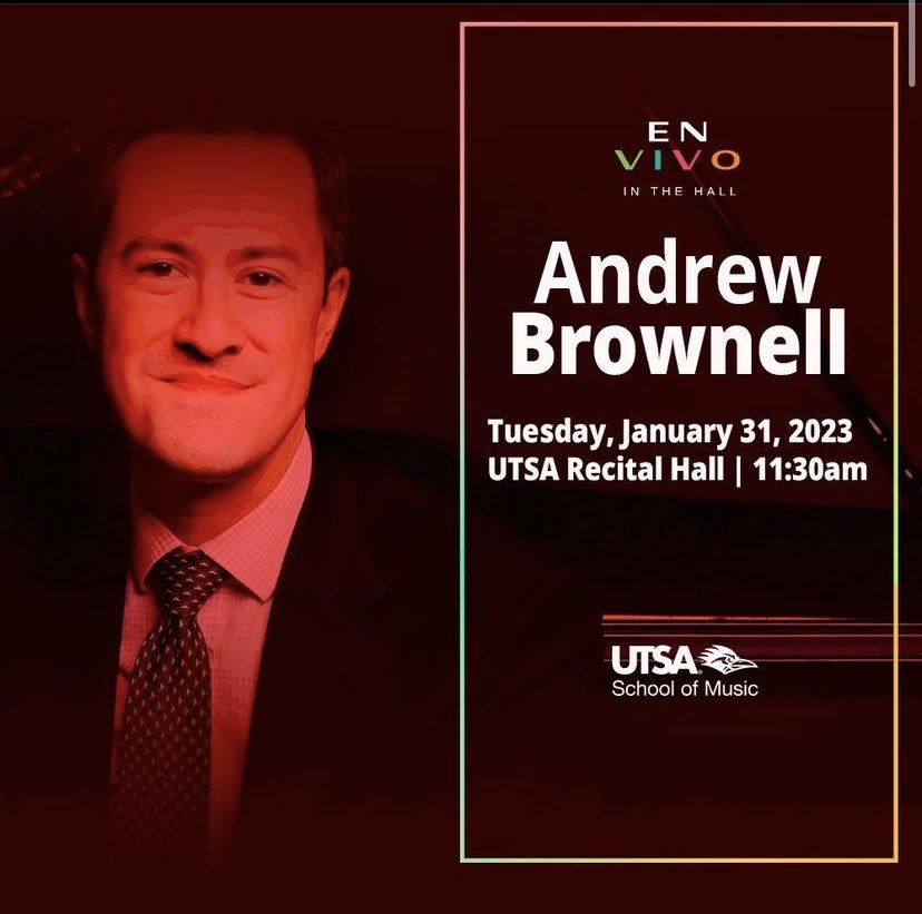 utsaarts's tweet photo. Join us next week for a noon performance by acclaimed pianist and @butlersom professor, Andrew Brownell 🎶 This special convocation is open to students and music lovers alike with free admission! 🤙#utsamusic #utsaevents ##utsaarts https://t.co/V18UTHs4Nx