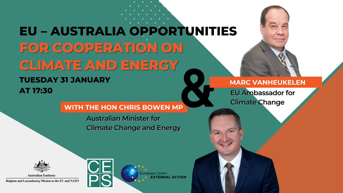 🇦🇺 &amp; 🇪🇺 energy &amp; climate policy is working towards clean energy transition, while ensuring energy affordability &amp; security. How can we deliver ambitious climate action together?
A conversation with 🇦🇺's Climate &amp; Energy Minister &amp; 🇪🇺's Climate Ambassador.

ceps.eu/ceps-events/eu…
