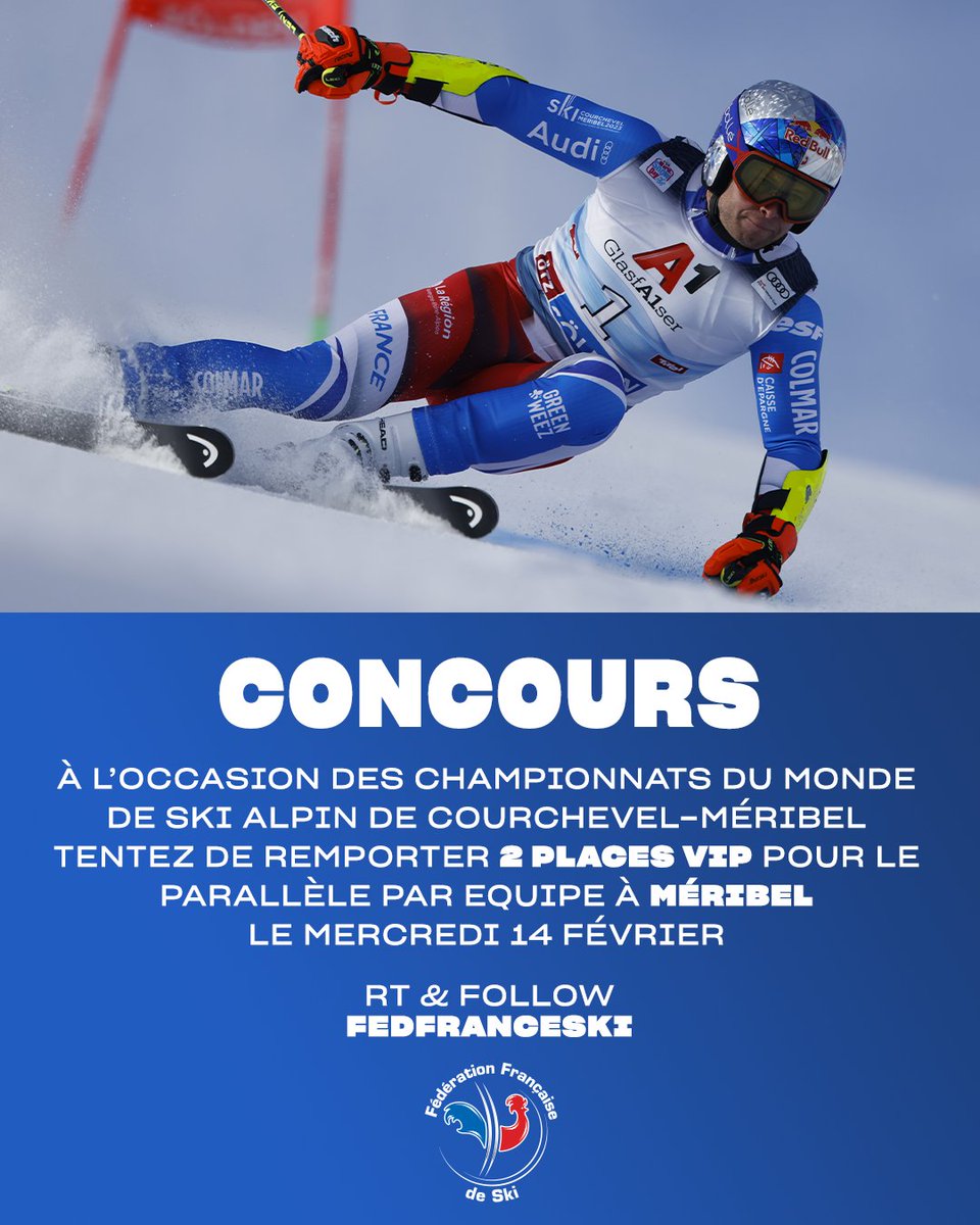 🎁 JEU CONCOURS 🚨
À l'occasion des Championnats du Monde de Ski Alpin <a href="/CM_2023/">Courchevel Méribel 2023</a>, tentez de remporter 2 places VIP pour le Parallèle par équipe, le mardi 14 février, à Méribel ! 🇫🇷❄ 

Pour participer :
▶ RT ce tweet
▶ Follow <a href="/FedFranceSki/">FFS - Fédération Française de Ski</a>

Tirage au sort le 02/02 ! 🍀